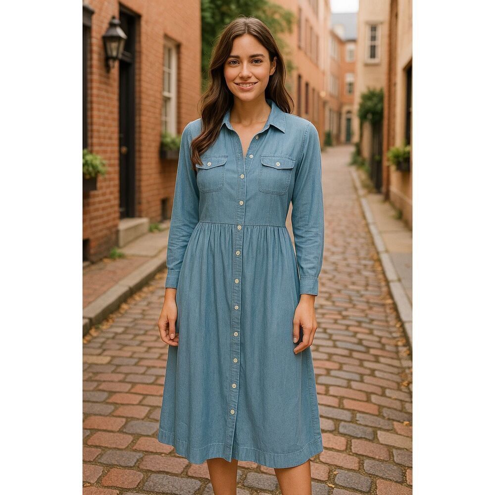 Vintage Laura Ashley Chambray Button-Front Dress – Blue Size US 8 (UK 12 / EU 38